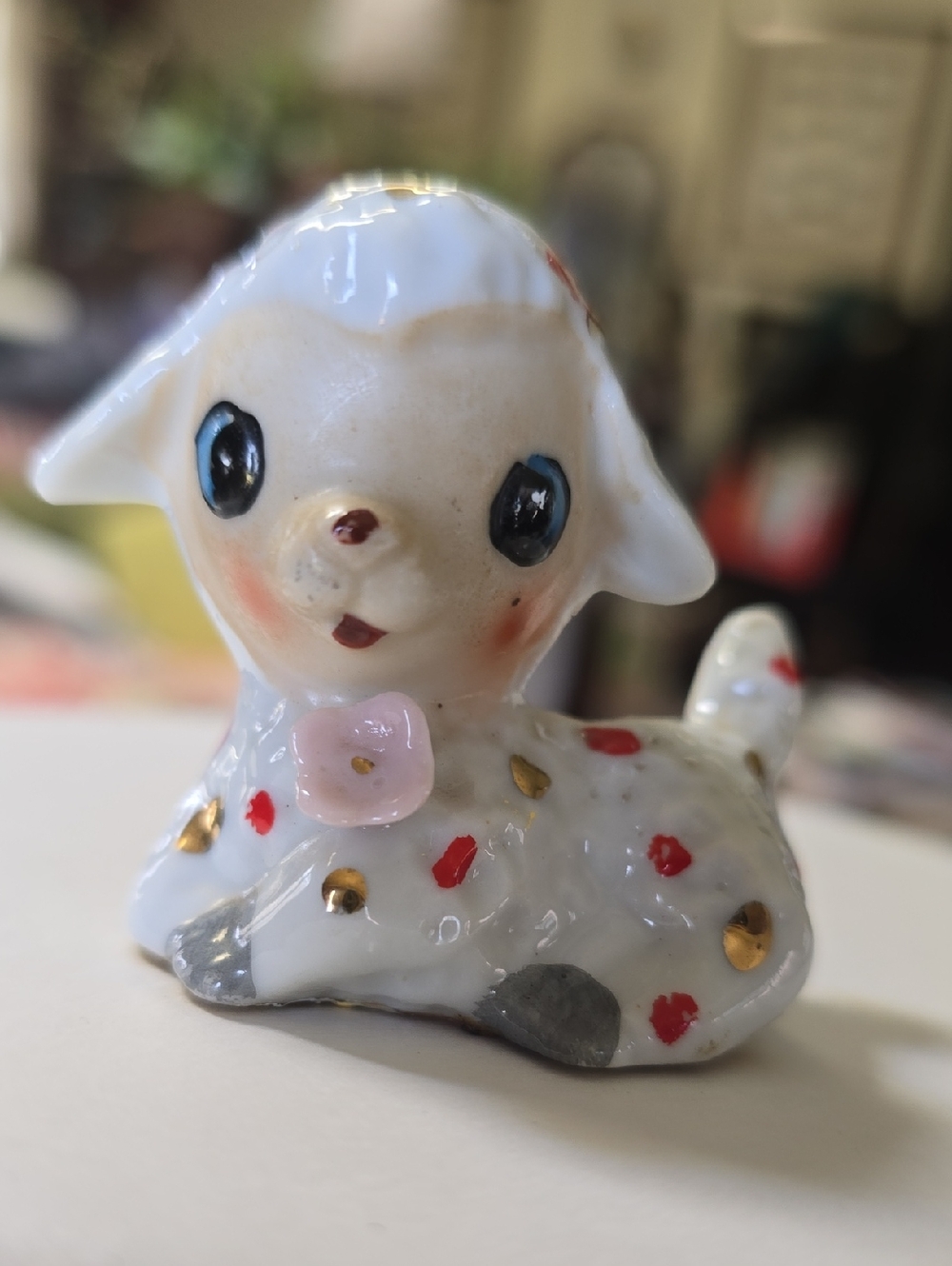 Vintage McM 60s Japan Mini White Lamb with Big Eyes + flower Red Gold Polka Dot